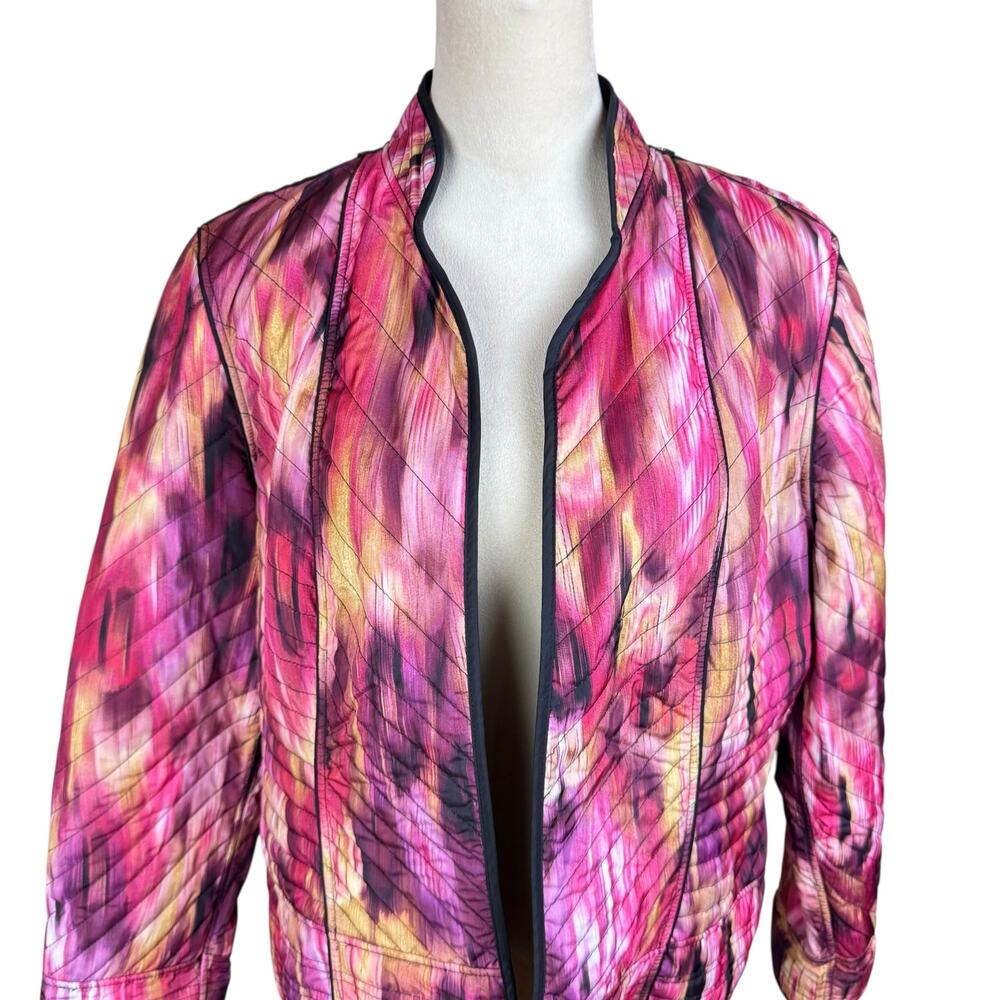 Chico's Sz 2 Pink Watercolor Lightweight Quilted Collarless Open Layering Jacket - Picture 4 of 12